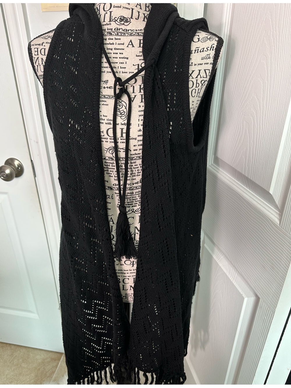Decree boho Black Hooded Open-Knit Fringe Sweater Vest